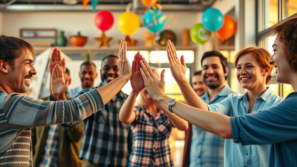 Diverse group of local business owners celebrating a successful AI-powered marketing campaign with high-fives, confetti, and bright sunlight.