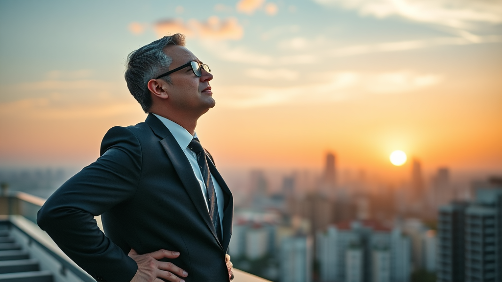 Optimistic business leader gazing at sunrise over the city skyline with subtle AI digital overlay, representing a bright future in autonomous artificial intelligence.