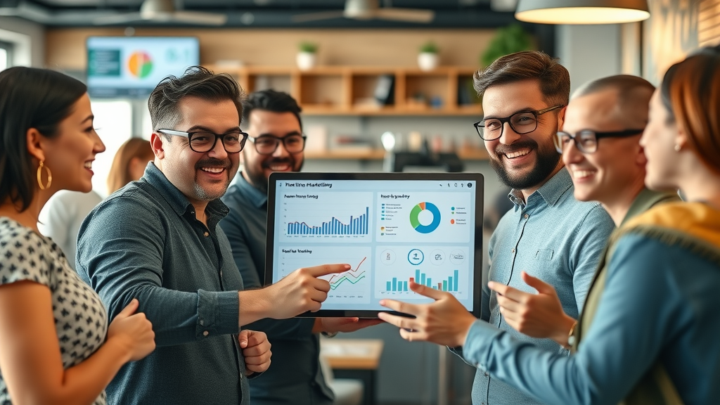 Energetic local business owners engaging with a smart digital dashboard analyzing real-time marketing data using agent-based AI systems