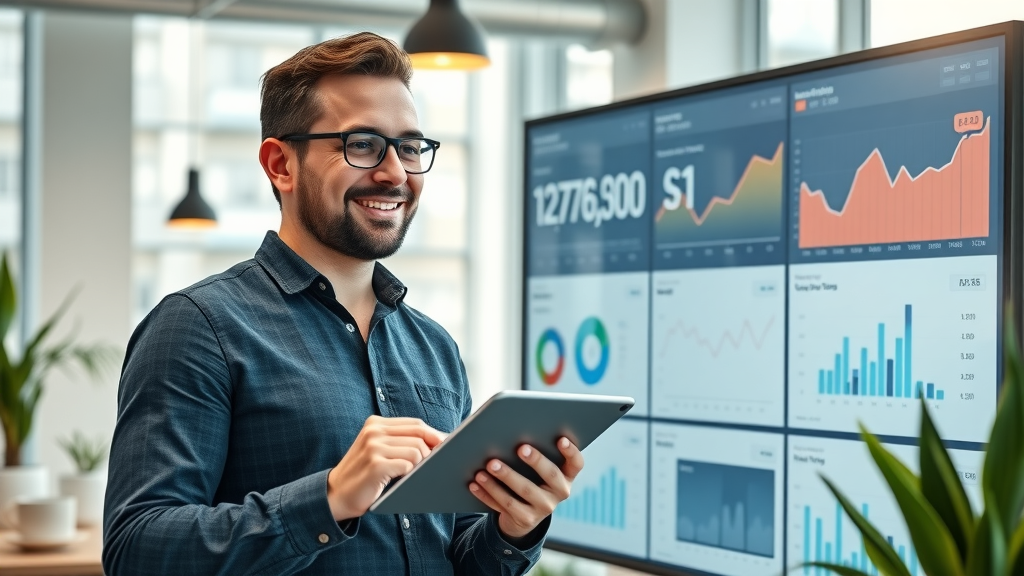 Local business owner analyzing campaign results with agent-based AI system in bright modern office