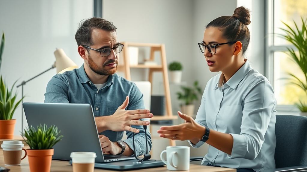 Business owner discussing agent-based AI system features with IT consultant