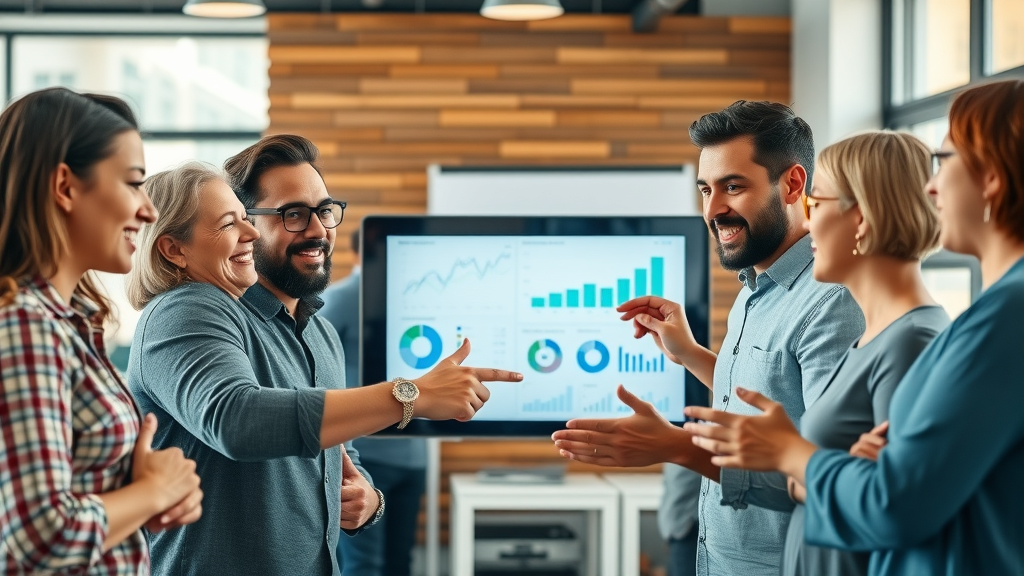 Local business owners collaborating around a digital dashboard using AI decision making in a modern workspace