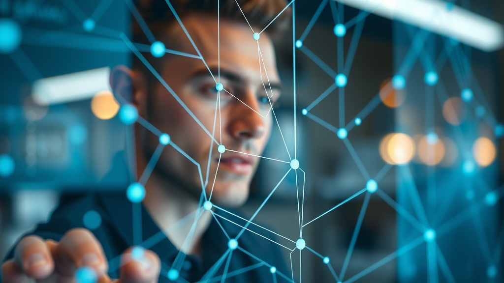 Digital neural network interface representing the fundamentals of AI decision making and business data flow