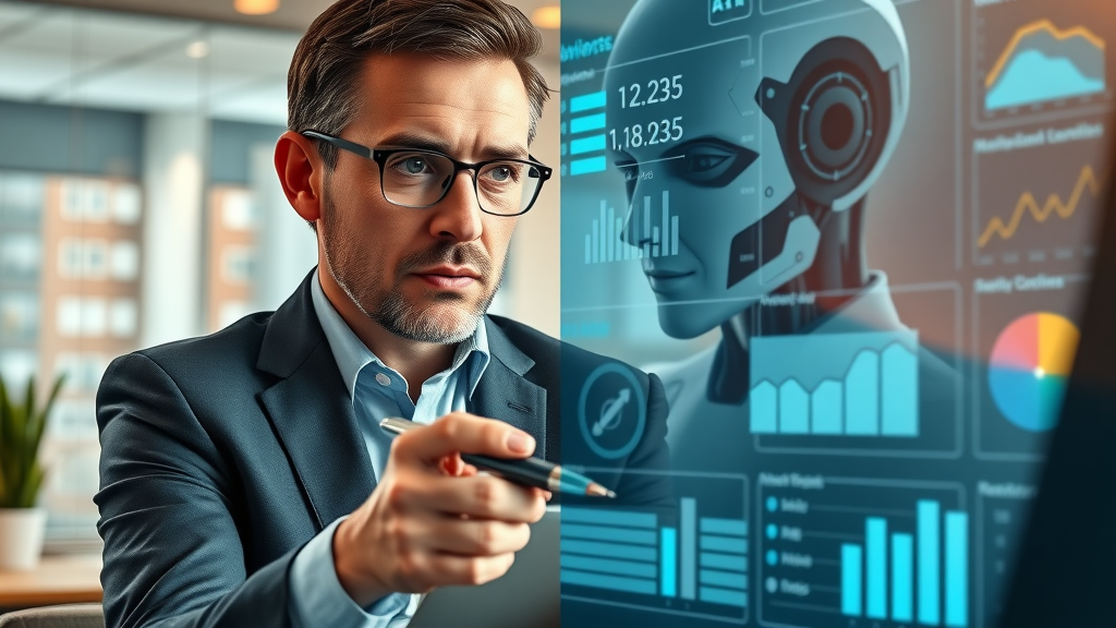 Human business owner and AI interface side-by-side analyzing reports for business decisions