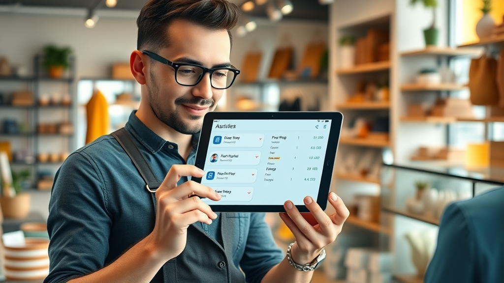 AI assistant interface on a tablet automating tasks for a local business owner with vibrant shop background