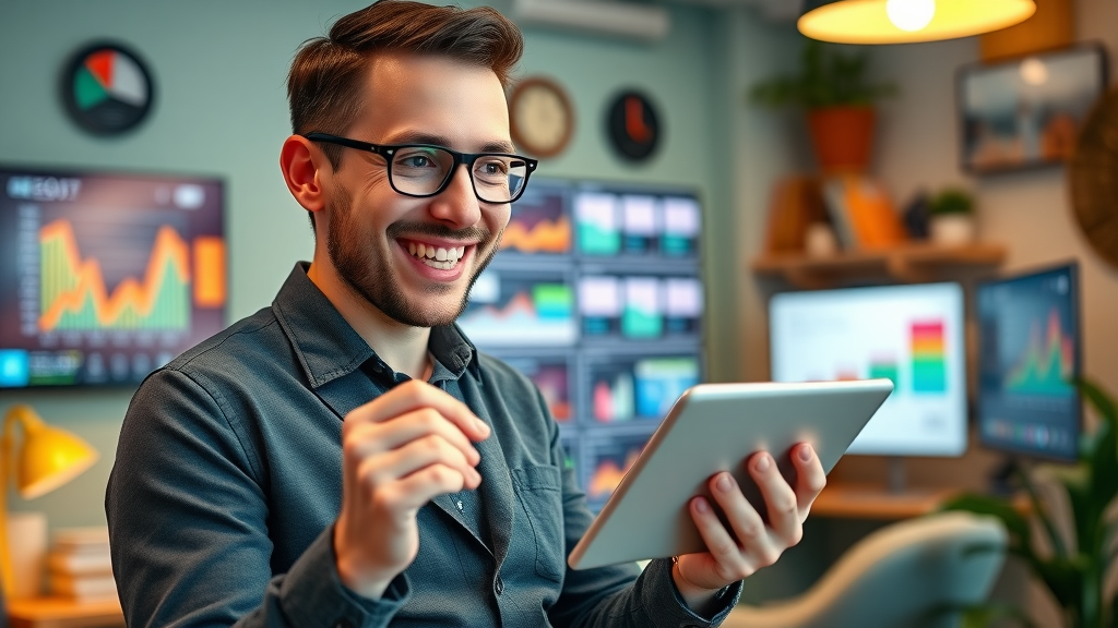 Marketer reviewing AI-driven campaign results on a tablet in a vibrant small business setting