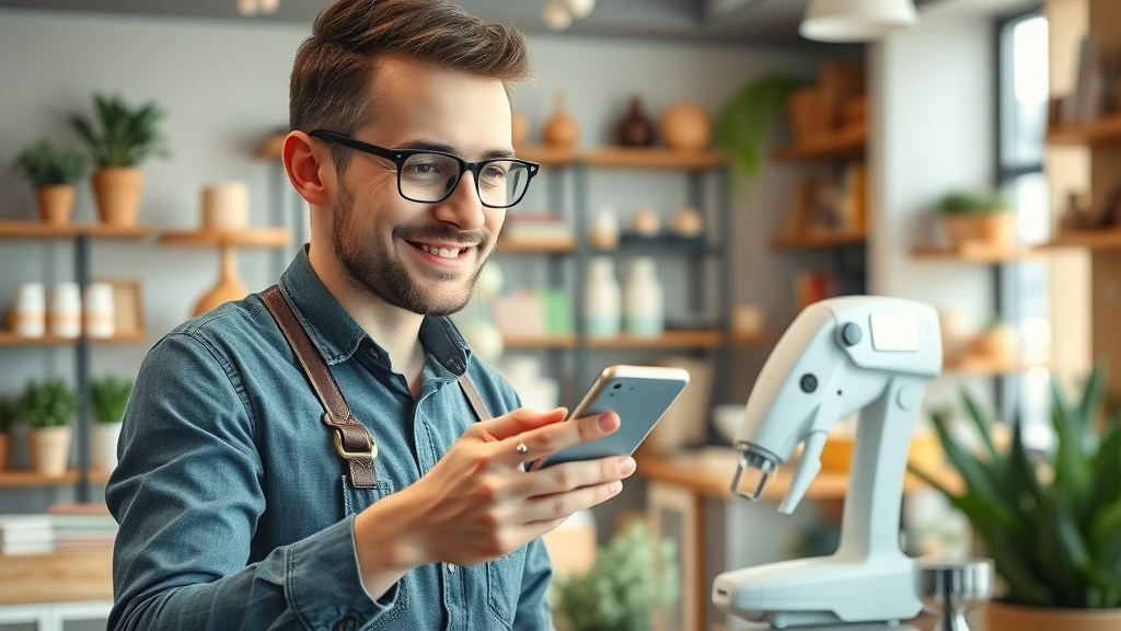 Small business owner using an AI tool on smartphone to decide between two products