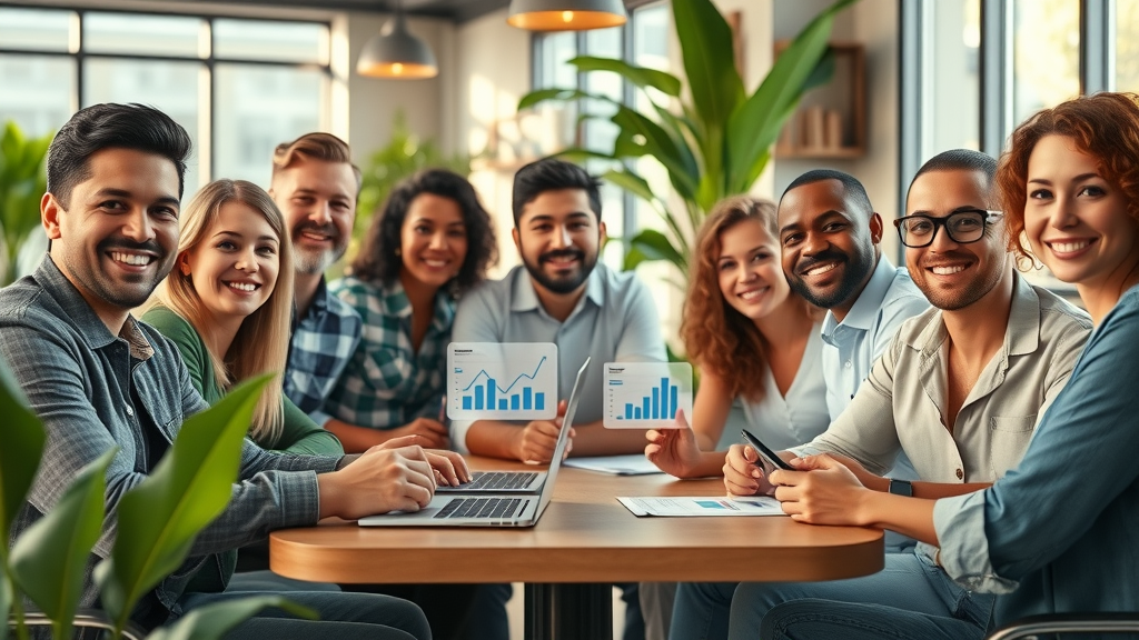 Small business owners using machine learning agents for local marketing - digital devices display AI charts in a modern cafe setting