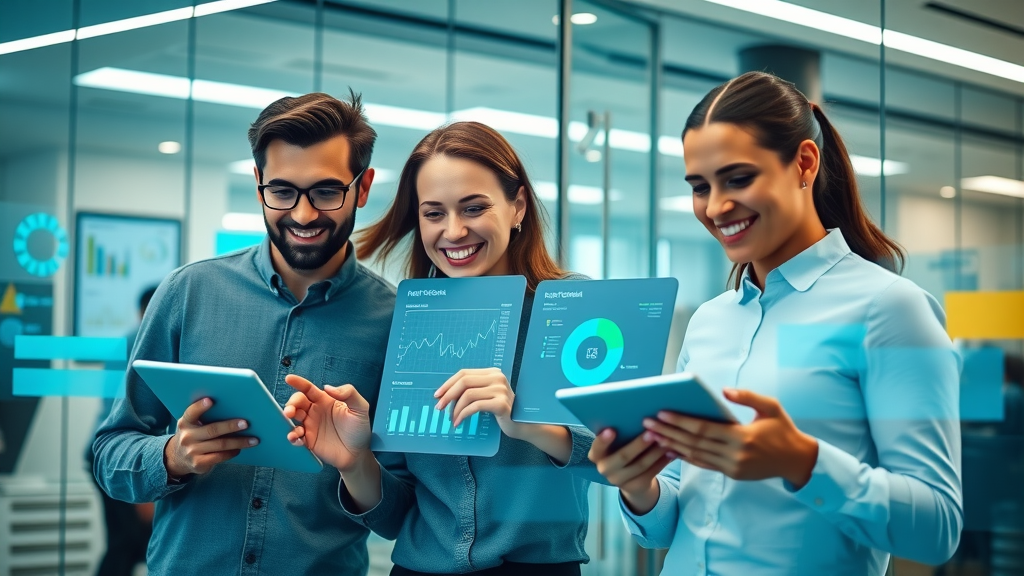 AI-powered marketing team reviewing sales performance with dashboards in a modern office setting