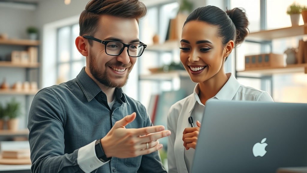 AI assistant collaborating with small business owner using learning agent insights on a laptop