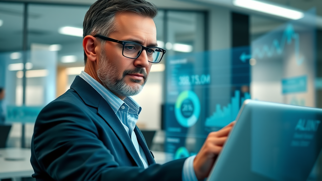 Dynamic business dashboard with intelligent agent frameworks visualized on digital screens in a modern office.