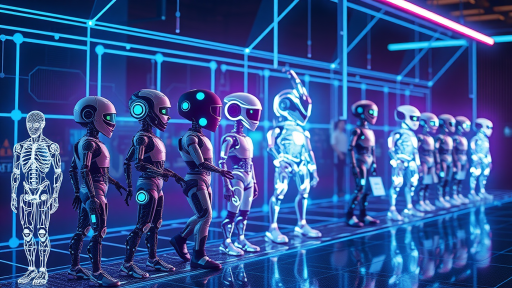 Conceptual AI agent evolution showing a timeline of digital agents and frameworks in a futuristic environment.