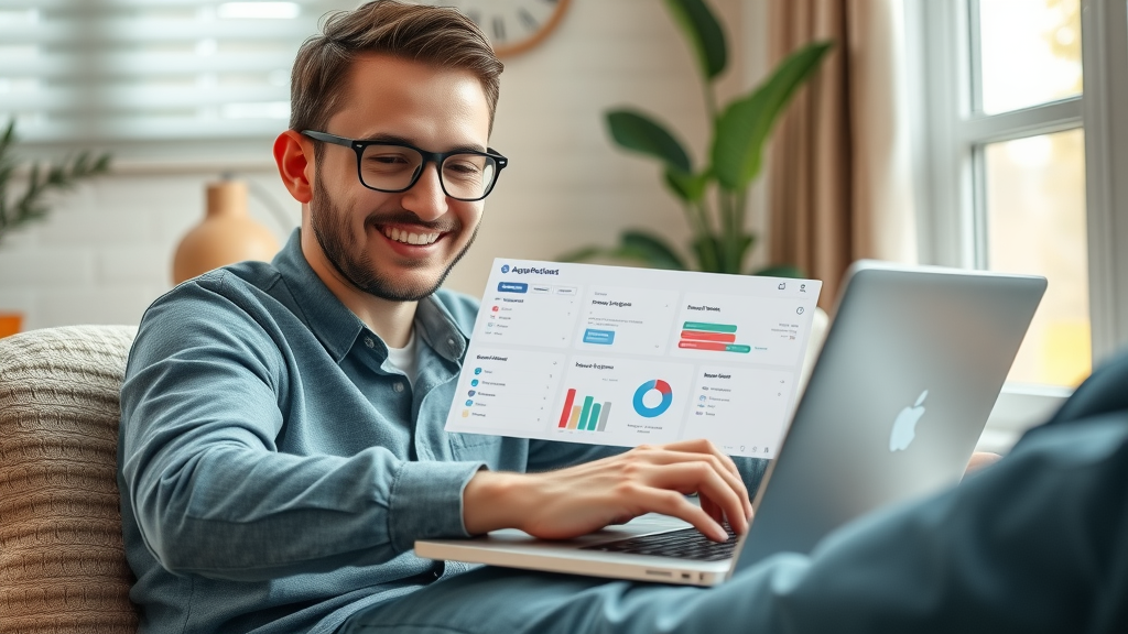 Local business owner confidently setting up an intelligent agent framework on a laptop at home.