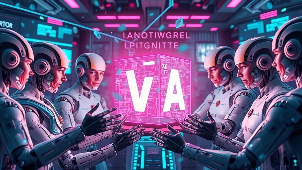 Futuristic AI agents collaborating around a glowing large language model interface.