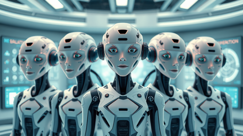 Five types of intelligent agents represented as futuristic avatars in a digital lab setting.
