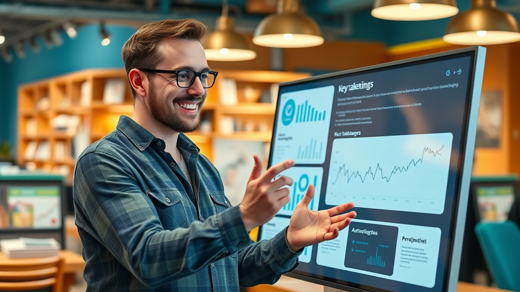 Actionable marketing insights displayed for a cheerful local business owner using intelligent agent frameworks.