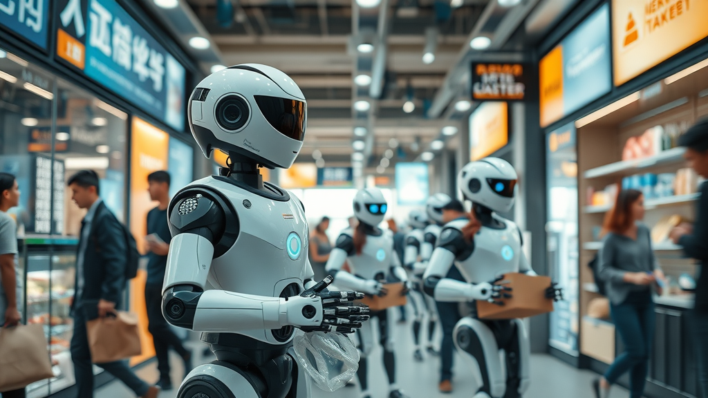 Dynamic local business environment with multiple autonomous robots assisting with deliveries and cleaning, AI autonomy in robotics, photorealistic urban retail scene