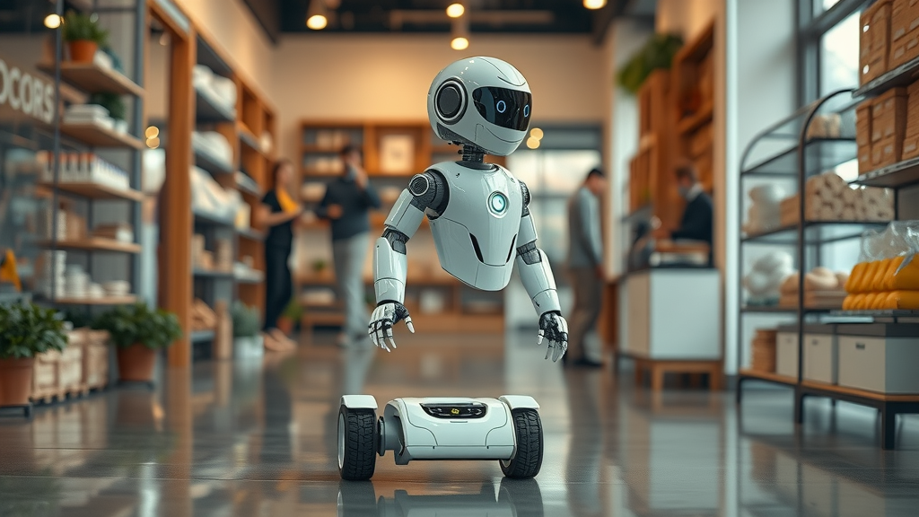 Sleek autonomous service robot navigating efficiently around a small business store, AI autonomy in robotics, photorealistic modern shop