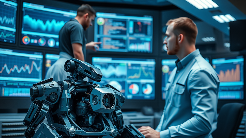 Modern robotics control center with engineers overseeing live data on multiple screens and a disassembled robot, AI autonomy in robotics, photorealistic high-tech lab