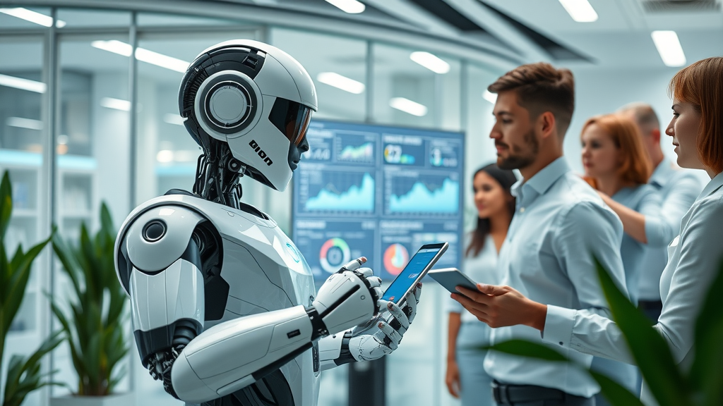 Futuristic workspace with autonomous robot at digital kiosk, people reviewing marketing dashboards, AI autonomy in robotics, photorealistic tech-forward office