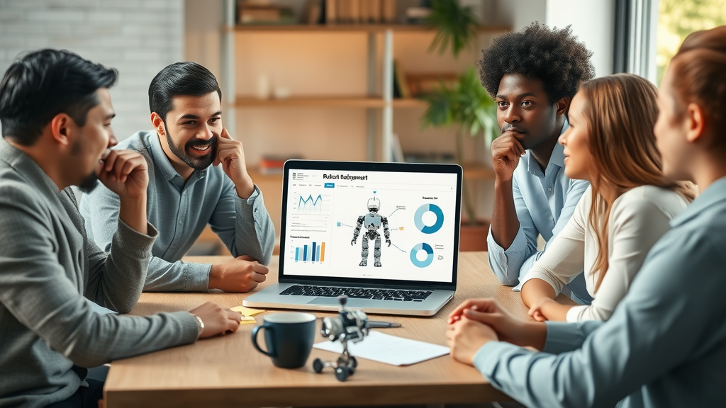 Friendly diverse business team collaborating around robot deployment plans, AI autonomy in robotics, photorealistic small office