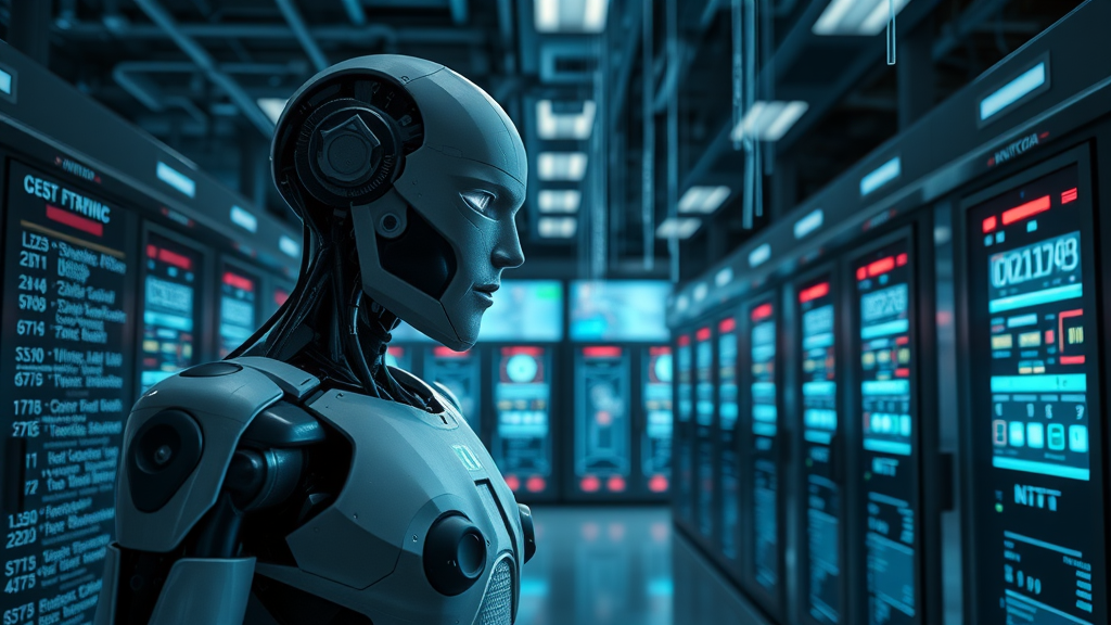 Highly secure data center, robot monitoring encrypted data streams, AI autonomy in robotics, photorealistic cyber operations room
