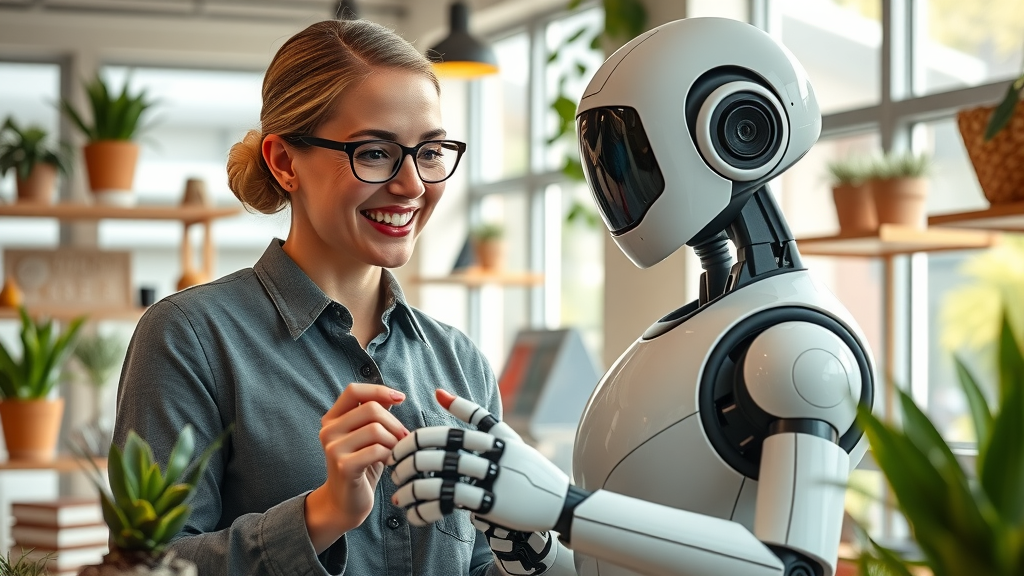 Optimistic small business owner and robot evaluating shop tasks, AI autonomy in robotics, photorealistic bright café or boutique scene