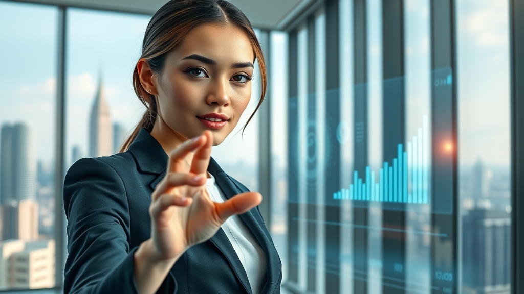 Businesswoman using agentic AI applications digital interface in an office with city skyline, highlighting AI use