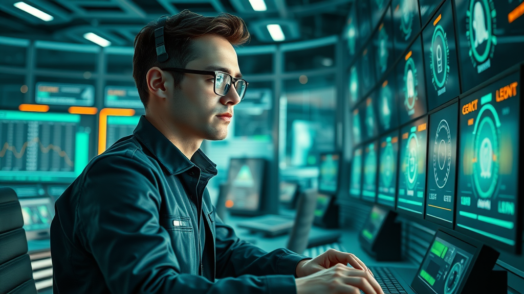 Entrepreneur working with agentic AI platform control panel; futuristic digital workspace with floating AI agent icons