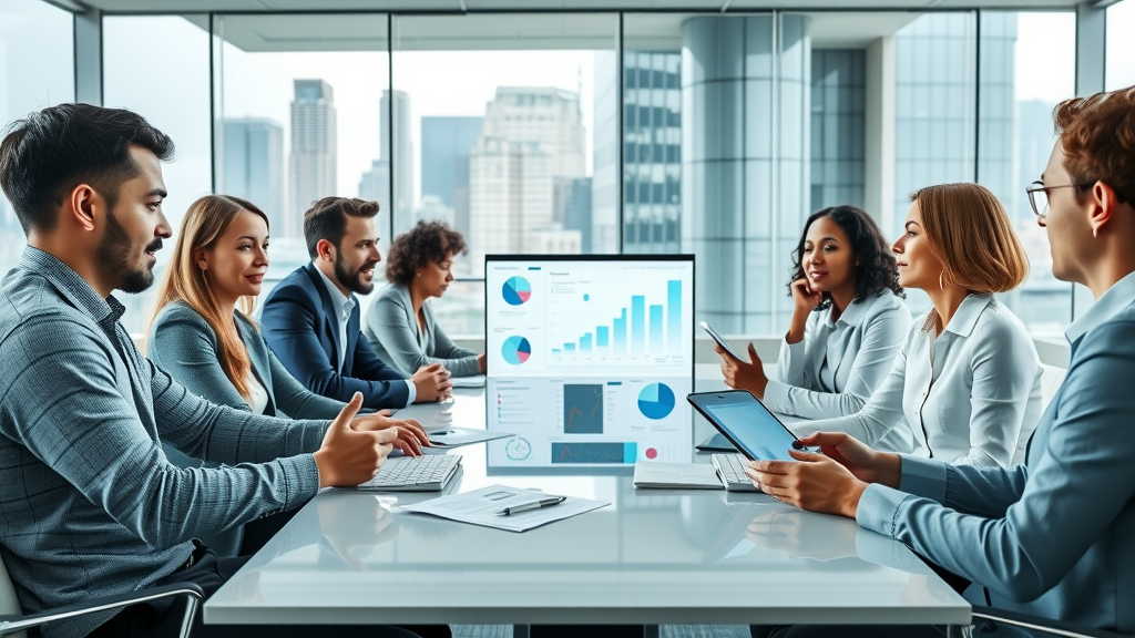 Modern office setting with professionals discussing ethical considerations in agentic AI around a conference table, digital AI dashboards on tablets, and city views through glass walls.
