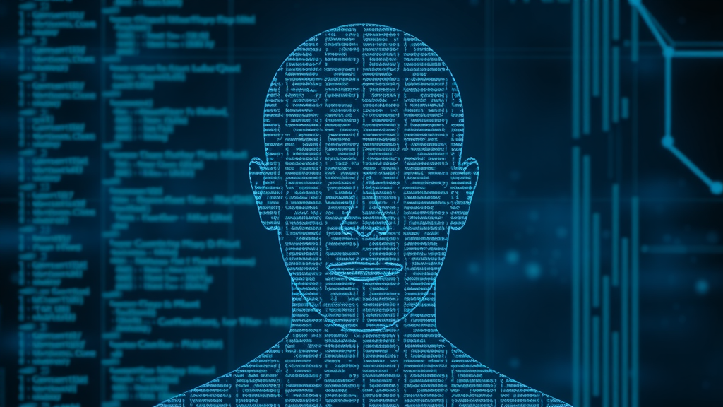 Artificial intelligence interface showing abstract digital human silhouette and code, highlighting ethical considerations in agentic AI systems, with digital glow and subtle circuitry.