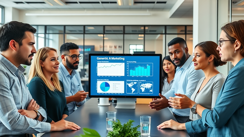 Diverse marketing team examining generative AI marketing campaigns and data privacy in a bright office, discussing transparency and ethical challenges of AI agent decisions.