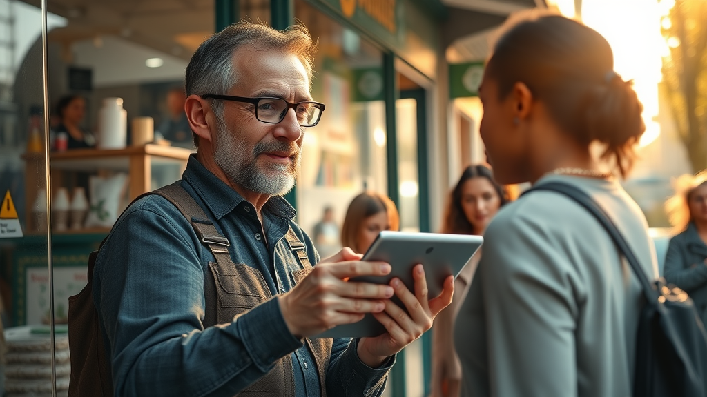Local business owner working with a digital AI assistant for customer service, interacting with a diverse customer outdoors at a bustling shop, showing the ethical considerations in agentic AI.