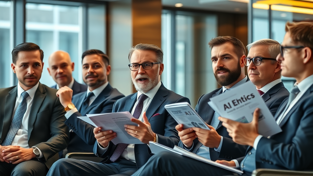 Business leaders from competing companies discussing ethical challenges of agentic AI in a professional conference setting, holding digital presentations and reports.