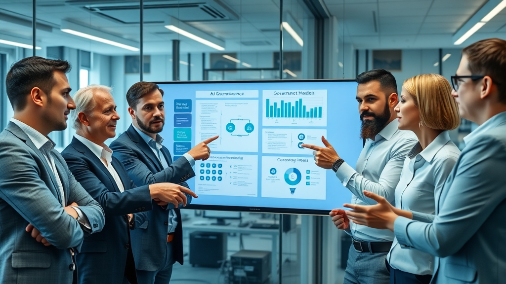 Business and IT professionals collaborating on a digital governance framework for agentic AI, reviewing flowcharts and models on a large screen in a modern office.