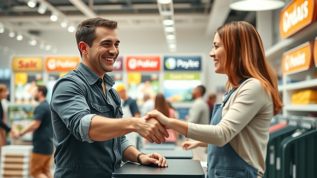 Smiling retail staff and customer shaking hands at checkout, showing the loyalty gained through ethical agentic AI in a bright, friendly shop interior.